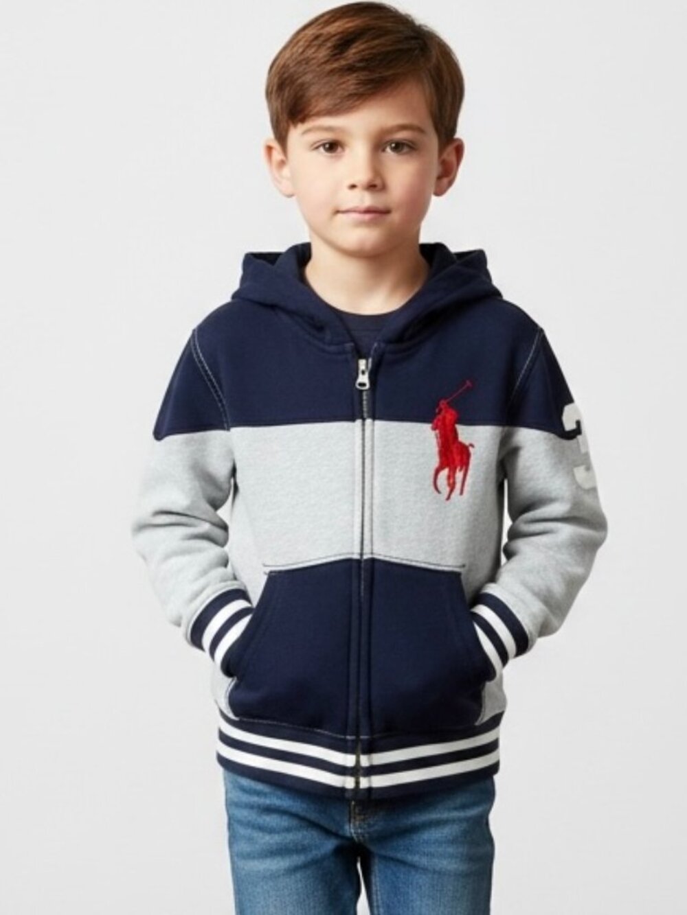 Polo Ralph Lauren Big Pony Hoodie Boys 4/4T Zip Front Gray Blue